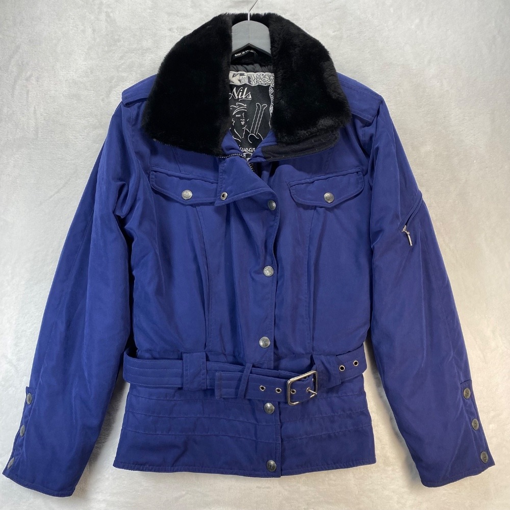 Vintage Nils Skiwear Jacket Faux Fur Collar Belted Padded Winter Coat Sz 10 flaw
